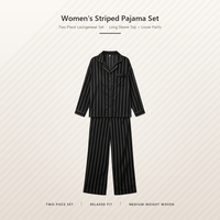 Set Piyama Wanita Dua Potong Bergaris Kerah Notch Kancing Depan Lengan Panjang Celana Pinggang Elastis Bahan Lembut Tenun Nyaman untuk Tidur
