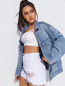 Femmes automne vêtements dames goutte épaule longue surdimensionné <span class=keywords><strong>Jean</strong></span> vestes déchiré bleu clair lavé Denim <span class=keywords><strong>veste</strong></span> femmes - Product Image 3