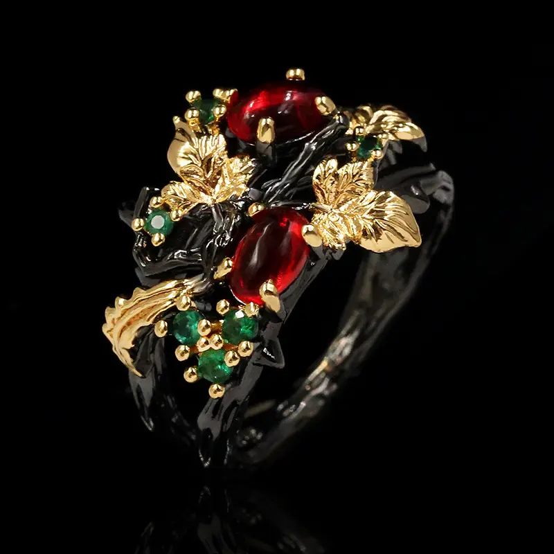 KYRA01075 Cincin Zirkon untuk Wanita, Perhiasan Modis Bentuk Bunga Antik Berlapis Emas 3A