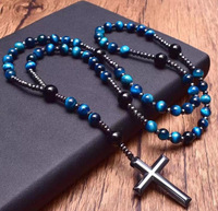 Collier pendentif croix chrétienne en pierre naturelle avec perles en œil de tigre et fer, chapelet unisexe, vente en gros
