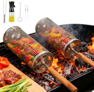 New 2pcs <b>Round</b> Tube Cylinder Barbecue Barbeque BBQ Roller 304 Stainless Steel Rolling Grilling Nesting Grill Baskets for Outdoor - Product Image 1