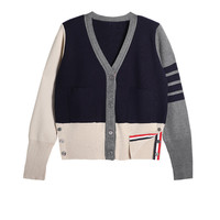 Nouveau cardigan tricoté à col en V et boutons, style color-block, pour femme, style preppy, avec quatre bandes, coupe ample et épaisse, collection automne