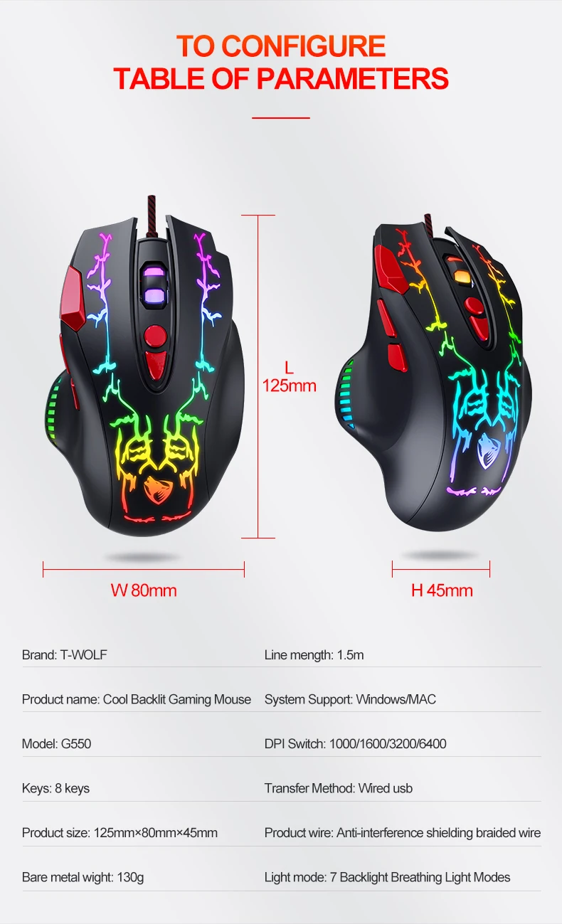 TWOLF G550 gaming mouse wired 8 programmable buttons RGB backlit 7200DPI opitical LED light for computer PC Gaming Mice
