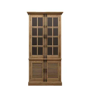 Оптовые французские окна древесины дуба 2 двери кухонный шкаф для хранения с жалюзи шкаф со стеклянными дверями