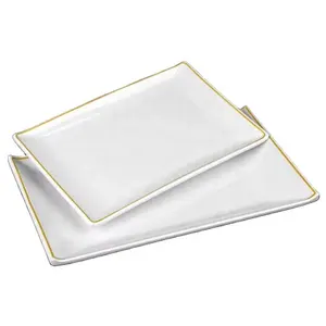 Оптовая продажа, белая желтая Золотая тарелка из меламинового фарфора, Экологичная посуда для свадебной вечеринки