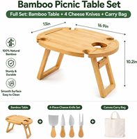 Table de pique-nique moderne ovale pliable en bambou gravé avec porte-bouteilles, plateau pliable pour camping et jardin avec 4 porte-verres