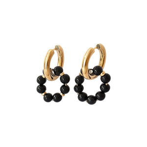 Boucles d'oreilles à double boucle en forme de T, plaquées or, avec perles noires, pour femmes - Product Image 1