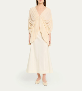 Elegante Blusa in Chiffon Drappeggiato con Maniche a Mantella - Top Fluido con Scollo a V e Orlo Asimmetrico Arricciato per Donna, Ideale per Feste ed Eventi Serali - Product Image 2