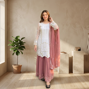 TENNECY New Designer Heavy Embroidery Sequences Work Georgette Women's <b>Ankle</b>-Length Kurta Set Both Side Moti Hend Work Wedding - Product Image 1