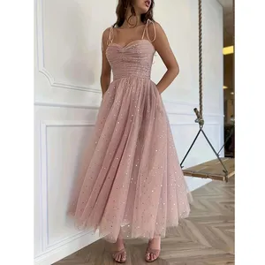 Hot Selling Charming Slim Fit Back Zipper Long Dress Cute Glitter Star Sequin Dress Sexy Halter Pink Dress for Women