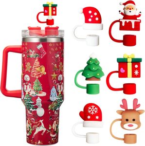 Protège-pailles anti-poussière en silicone/PVC de 0,4 pouce pour gobelets de 30/40 oz avec poignées, motifs variés, embouts de 10 mm, usage commercial, Noël - Product Image 1