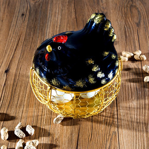 Panier à œufs en céramique avec filet métallique doré, récipient de rangement rond pour œufs et légumes - Product Image 2