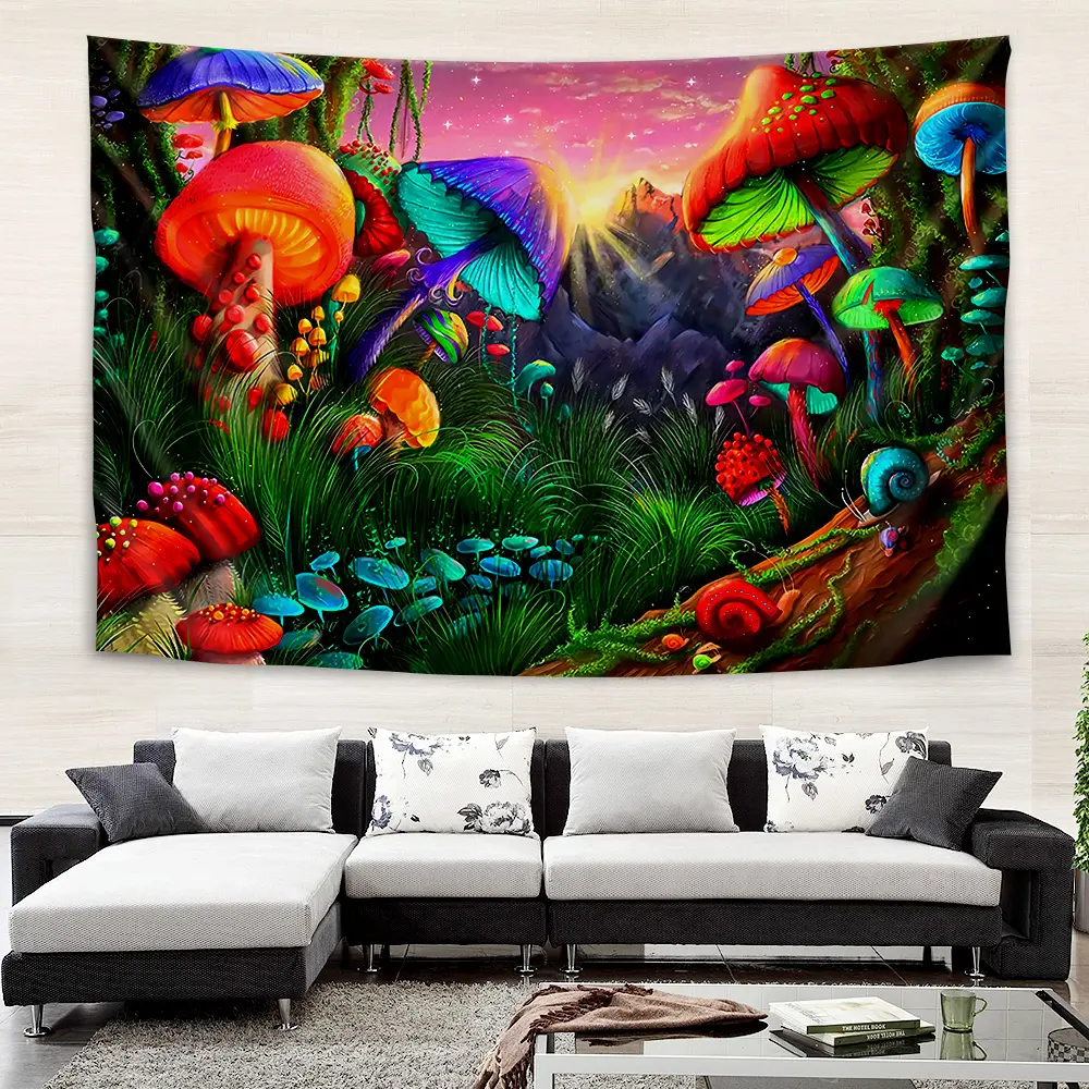 Custom Colorful Mushroom Psychedelic Forest Tapestry Wall Hanging Home Living Room Fabric Hanging Painting For Room Decor