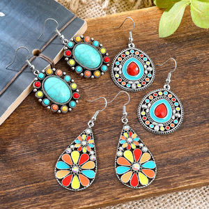 Pendientes Colgantes Boho de Moda para Mujer, con Turquesa y Aleación, Diseño Floral, Joyería de Fiesta, Engaste de Bisel de Plata Tibetana - Product Image 2