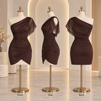 Robe Mini Femme en Gros, en Maille Transparente Froncée, Drapée, Asymétrique à Une Épaule, Col Cape, Ourlet Enveloppant, Moulante, pour Soirée et Cocktail