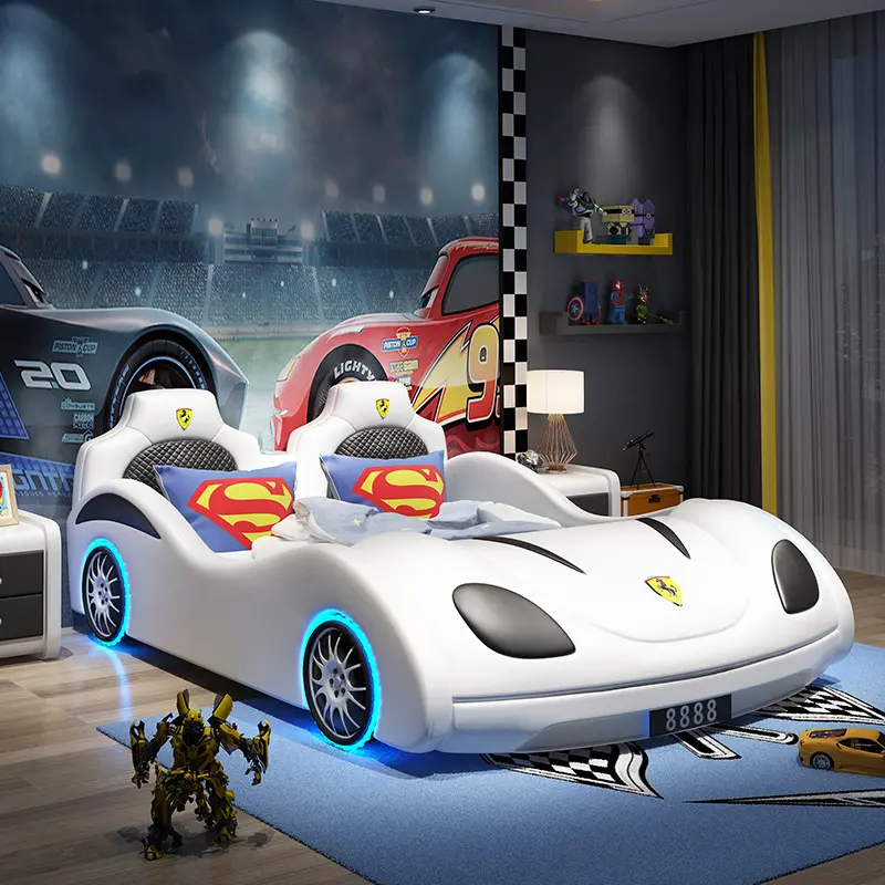 Modern yarış araba yatağı çocuk yatakları lüks çocuk ahşap deri araba yatağı