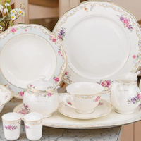 Service de table en porcelaine fine de 57 pièces avec motif doré, compatible lave-vaisselle, pour 8 personnes