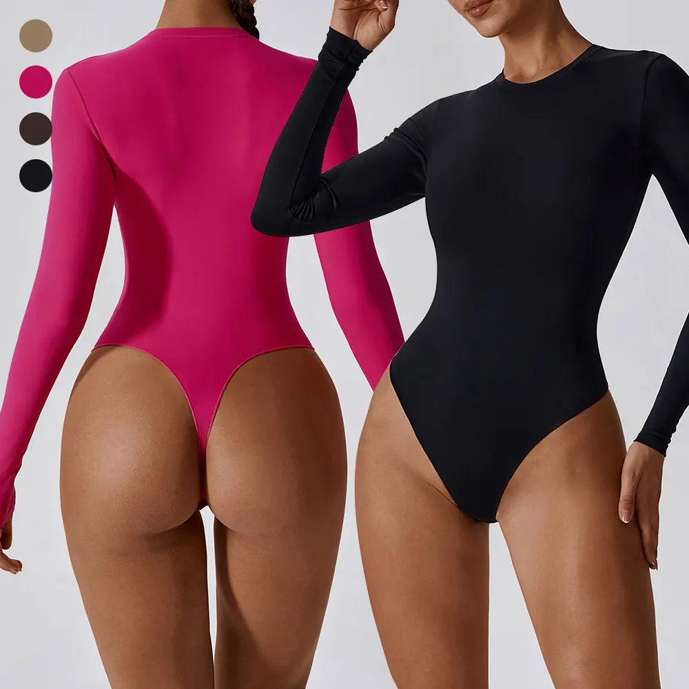 Bodysuit wanita kostum kasual cepat kering seksi lengan panjang balet tari jumpsuit playsuit Bodysuit untuk wanita dengan klip Toggle