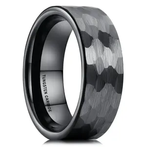 High Quality custom Jewelry 8mm black Hammered Tungsten Ring Men Women Trendy Couple Engagement Wedding Band