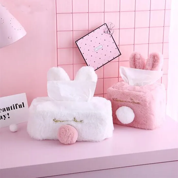 Kawaii Cute Portable Durable Room Rabbit Plush Car Home Square Tissue Box Paper Napkin Holder Case Cover