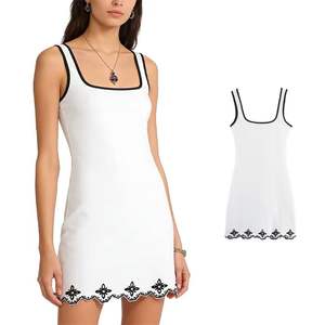 Vestidos con Ribete en Contraste Blanco y Negro, Cuello Cuadrado, Tirantes Anchos, Sin Mangas, Bordado Floral, Lino, Mini, Elegante, Casual - Product Image 1