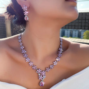 Parure de bijoux en plaqué rhodium avec zircons cubiques, motif fleur violette et goutte d'eau, collier et boucles d'oreilles pour <span class=keywords><strong>femme</strong></span>, idéale pour mariages et événements. - Product Image 3