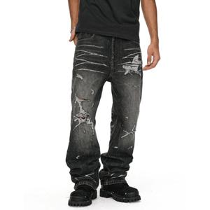 Pantalones Vaqueros de Mezclilla Pesada de Alta Calidad con Logotipo Personalizado, Lavado Desgastado, Estilo Desgastado y Roto Irregular para Hombre, Venta al por Mayor - Product Image 3