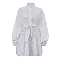 Robe trapèze élégante en coton personnalisée avec col à volants, plissée, simple boutonnage et laçage