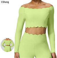 Top Deportivo Corto de Manga Larga con Hombros Descubiertos para Mujer, Tallas Grandes, con Logotipo Frontal, de Nailon y Spandex, para Gimnasio, Yoga y Ejercicio