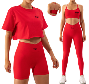 Ensembles de sport décontractés personnalisés pour femme : hauts courts amples et shorts assortis, tenue de Pilates côtelée taille haute - Product Image 1
