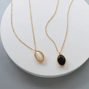 Vòng Cổ Mặt Dây Chuyền Đá Opal Đen Trắng Hình Bầu Dục Tinh Tế Cổ Điển Vòng Cổ Lấp Đầy Vàng 18K Bằng Thép Không Gỉ Cho Nữ