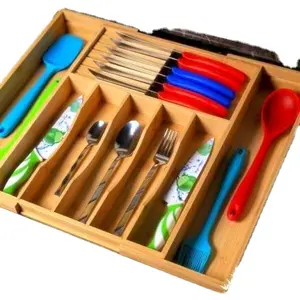 Organizer per cassetti in argento di bambù cucina espandibile in legno per stoviglie regolabile vassoio per stoviglie