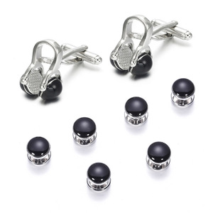 Set di <span class=keywords><strong>Gemelli</strong></span> Personalizzati per <span class=keywords><strong>Camicia</strong></span> Smoking Francese, Placcati in Ottone, Rotondi con Smalto Nero, per Uomo d'Affari - Product Image 6