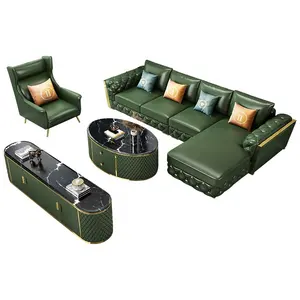 American Style Design Big Sofa Green Soft Leather L Shaped Sectional Sofa