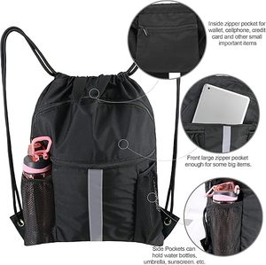 Drawstring Backpack Bag with Shoe Compartment X-Large Black Gym Sports String Cinch Backpack - Product Image 4