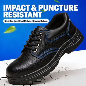 Chaussures de sécurité en cuir véritable noir avec embout en acier, résistantes aux perforations, à lacets, style baskets de travail - Product Image 4