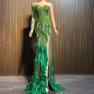 Robe fourreau élégante pour femme, une seule manche longue, en tissu de soie avec strass haut de gamme, robe de soirée de luxe, confortable pour l'hiver - Product Image 1