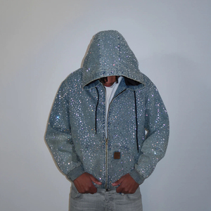 Chaqueta de Mezclilla con Cierre, Estilo Urbano, Lavado Ácido Personalizado, Desgastada, Decolorada por el Sol, con Apliques de Lentejuelas y Pedrería, 100% Algodón, Sudadera con Capucha para Hombre - Product Image 1