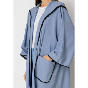 Custom Patch Pocket Kimono Coat Zipper Abaya Muslim <strong>Hooded</strong> Oversized Open Abaya With Lace Details - Product Image 5