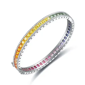 ANSTER-pulseras de plata de ley 925 para mujer, brazalete de corindón colorido de arcoíris CZ, venta al por mayor