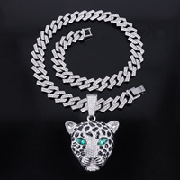 Chaîne cubaine unisexe tendance style punk cool hip-hop européen et américain, avec pendentif tête de léopard imposant et dominant en diamant, en alliage doré