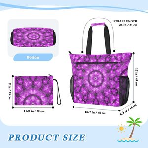 Sac fourre-tout aborigène bohème 2-en-1 avec logo personnalisé, motif floral mandala violet, en polyester, avec pochette - Product Image 3