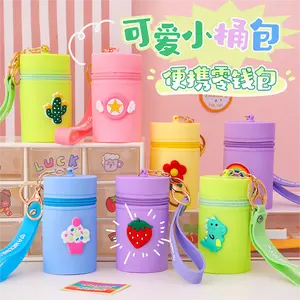 Keychain Pendant kids Cute Mini round Bucket-shaped Purse Portable Wallet Silicone Coin pouch Earphone Storage Bag