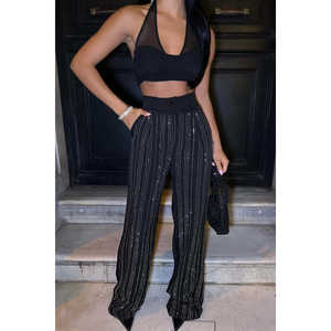 Pantalones negros transpirables de tejido con detalles de piedra, casuales, de cintura media, hasta la rodilla, con lavado de color, talla XL, leggings holgados, largos, con estampado moderno. - Product Image 2