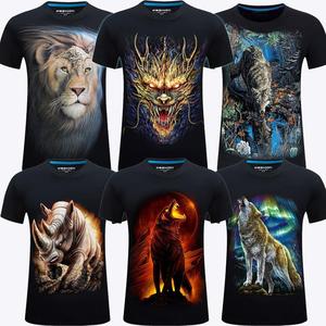 เสื้อยืดแขนสั้นลำลองสำหรับผู้ชายพิมพ์ลาย3D หมาป่าและสิงโตเอฟเฟกต์สเตอริโอสุดเท่180กรัมน้ำหนักผ้าทรงหลวม - Product Image 1