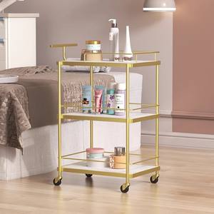 आधुनिक सोने के धातु सौंदर्य सैलून उपकरण हैंडकार्ट हाई एंड व्हाइट 3 टियर स्टोरेज ब्यूटी शॉप सैलून ट्रॉली 4 पहियों के साथ - Product Image 3