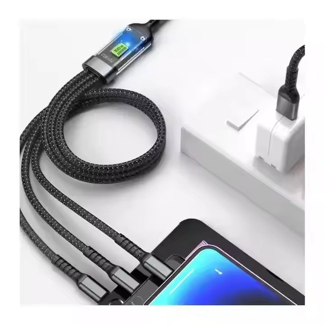 High Quality Custom logo Nylon Braided 100W 3 in 1 Usb Charger Sync Data Cable Micro Usb 8pin Type C V8 5A Fast Charging Cable