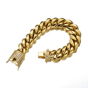 Punk Mens Cuban Link Bracelet 18K Gold Plated 8/10/12/14/16/18mm Width Stainless Steel Diamond Cuban Chain Bracelet