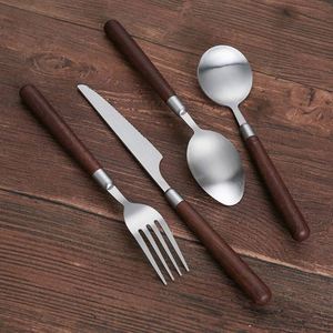 Stainless Steel Knife Fork Spoon Set <b>Walnut</b> Handles Retro Light Luxury Design <b>Mirror</b> Polished Reusable Household - Product Image 3