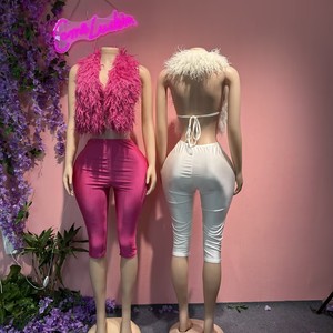 Set Sexy con Colletto in Finta Pelliccia, Top Corto con Halter e Leggings Aderenti <span class=keywords><strong>Lucidi</strong></span>, Completo a 2 Pezzi per Donna - Product Image 4